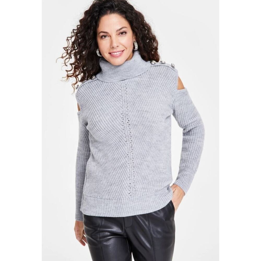 I.N.C International Concepts Turtleneck Cold-Shoulder Sweater in Grey Medium $90